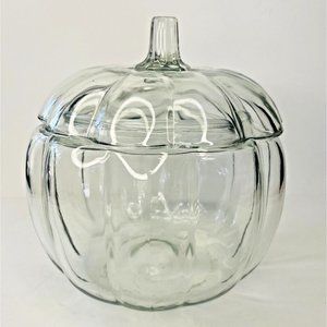 Anchor Hocking Vtg Clear Glass Pumpkin Shaped Jar Lid Cookie Candy Halloween 7.5